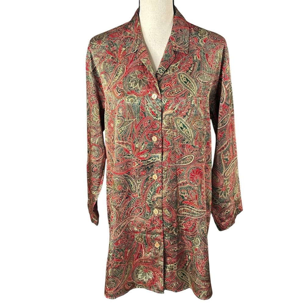 Victorias Secret‎ Sleep Shirt Red Gold Paisley Satin Logo pj's 90s Size Small